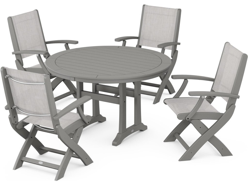 Coastal Folding Chair 5-Piece Round Dining Set With Trestle Legs