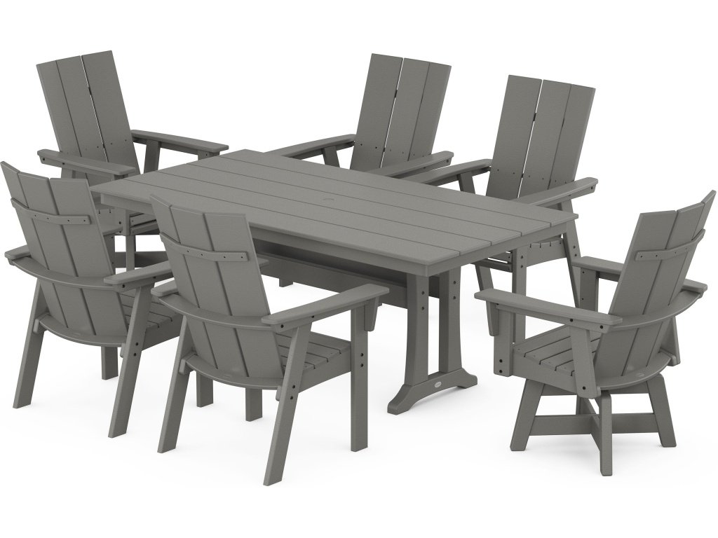 Modern Curveback Adirondack Swivel Chair 7-Piece Farmhouse Dining Set With Trestle Legs