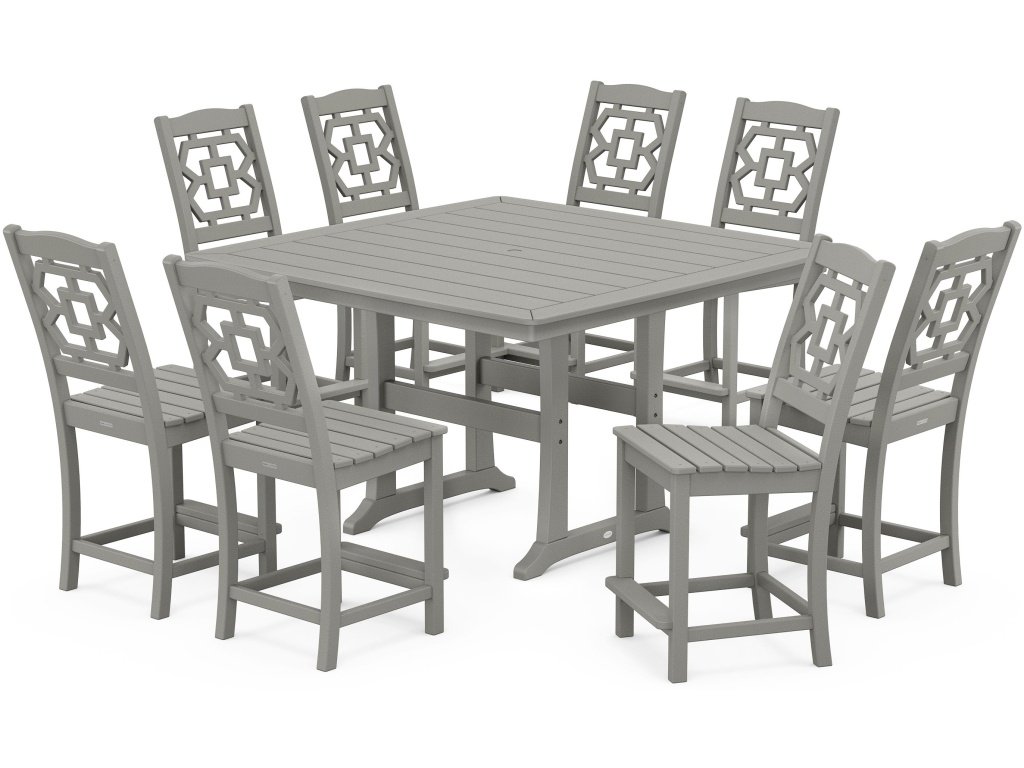 Chinoiserie 9-Piece Square Side Chair Counter Set With Trestle Legs