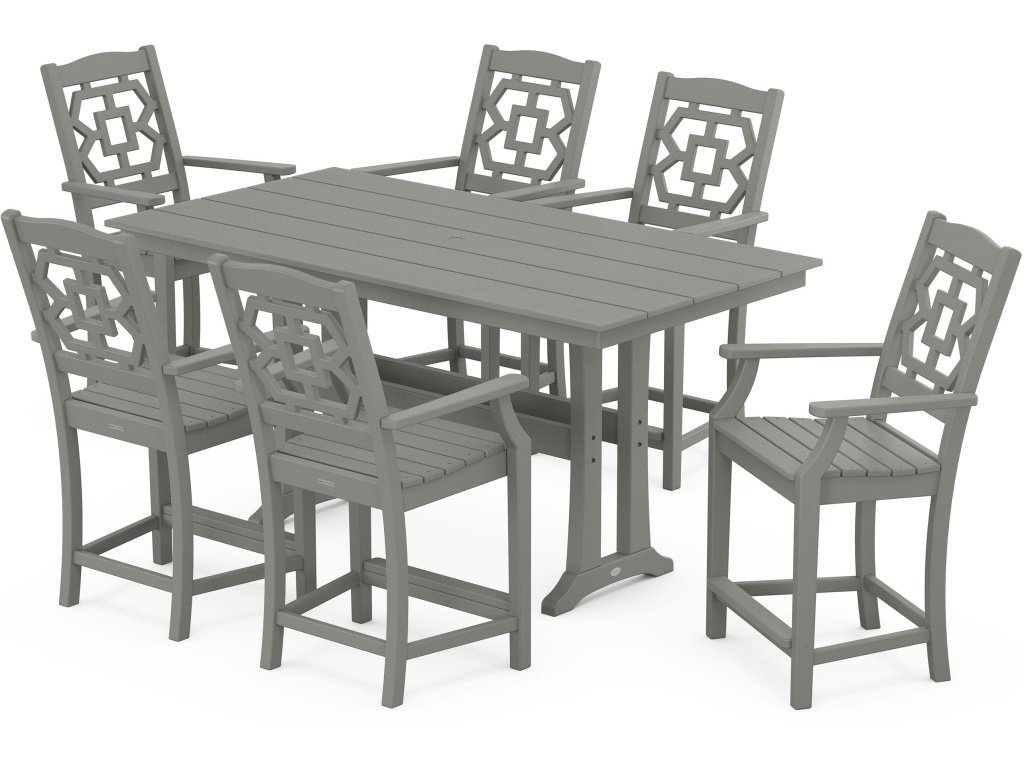 Chinoiserie Arm Chair 7-Piece Farmhouse Counter Set With Trestle Legs