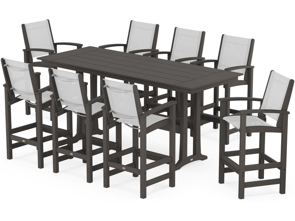 Coastal 9-Piece Farmhouse Bar Set With Trestle Legs In Vintage Finish