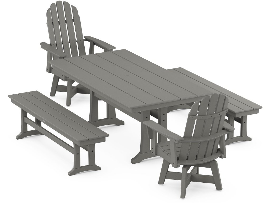 Vineyard Curveback Adirondack Swivel Chair 5-Piece Farmhouse Dining Set With Trestle Legs And Benches