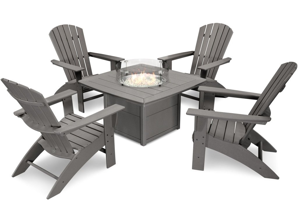 Nautical Curveback Adirondack 5-Piece Conversation Set With Fire Pit Table