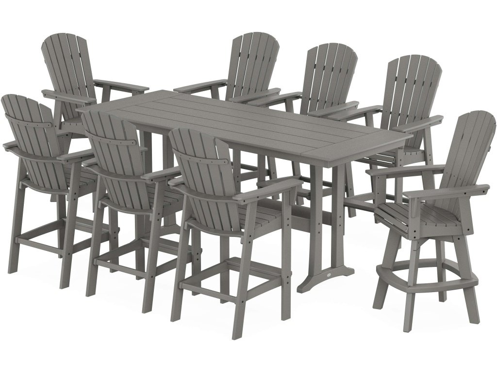 Nautical Curveback Adirondack Swivel 9-Piece Farmhouse Swivel Bar Set With Trestle Legs