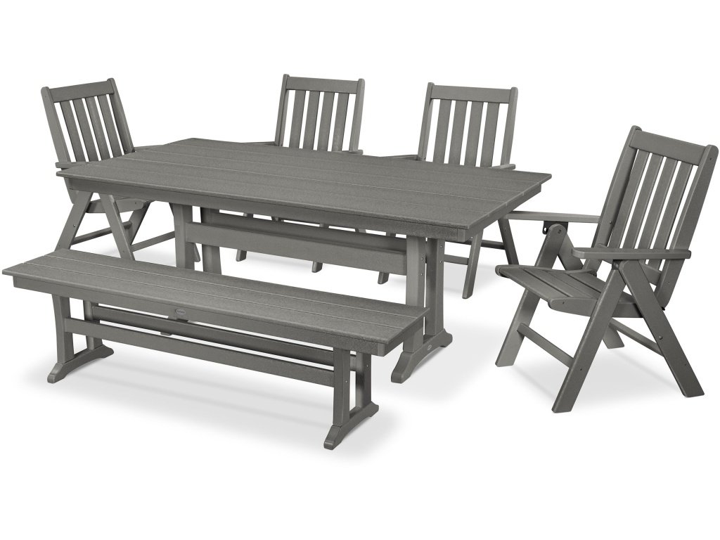 Vineyard 6-Piece Folding Chair Farmhouse Dining Set With Trestle Legs And Bench