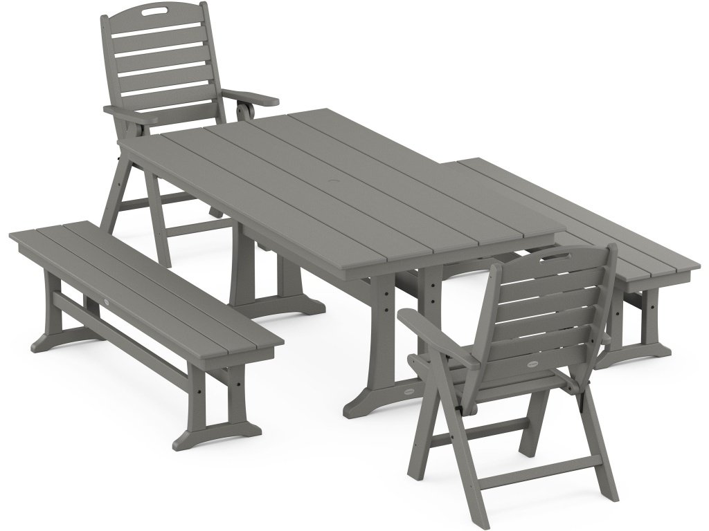 Nautical Folding Highback Chair 5-Piece Farmhouse Dining Set With Trestle Legs And Benches