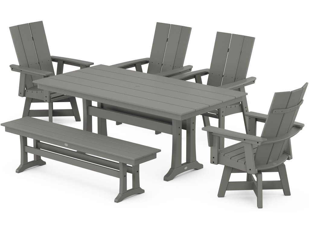 Modern Curveback Adirondack Swivel Chair 6-Piece Farmhouse Dining Set With Trestle Legs And Bench