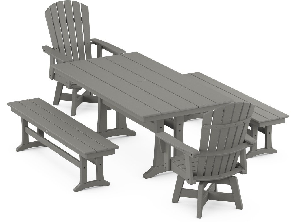 Nautical Curveback Adirondack Swivel Chair 5-Piece Farmhouse Dining Set With Trestle Legs And Benches