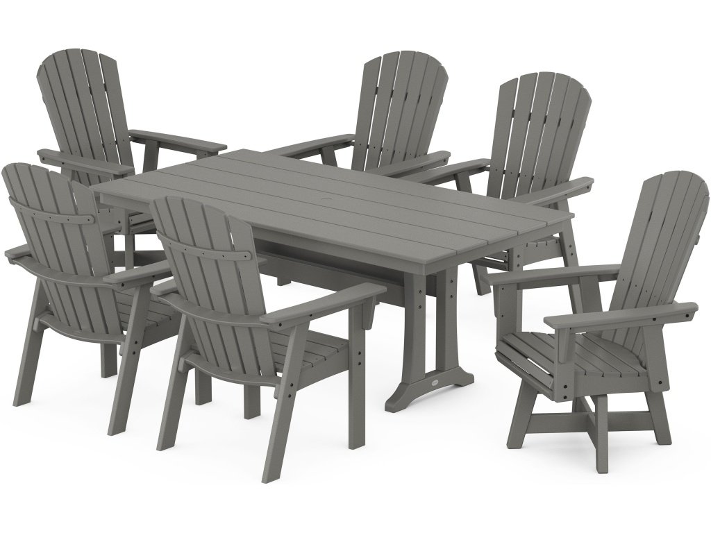 Nautical Curveback Adirondack Swivel Chair 7-Piece Farmhouse Dining Set With Trestle Legs