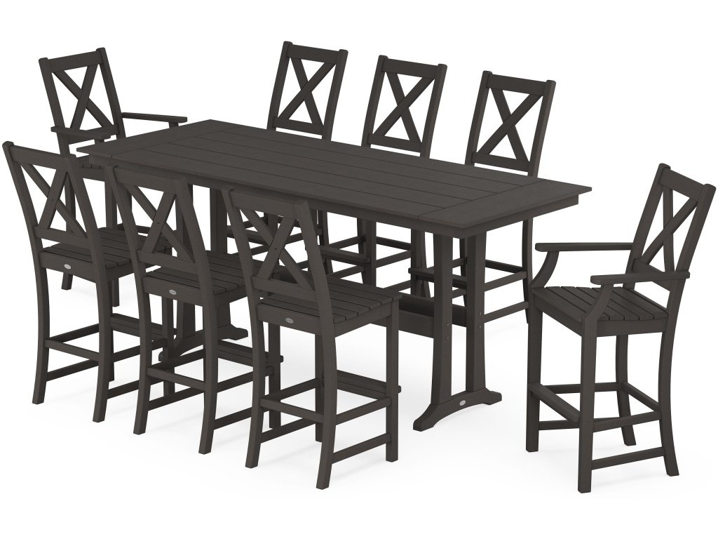 Braxton 9-Piece Farmhouse Bar Set With Trestle Legs In Vintage Finish